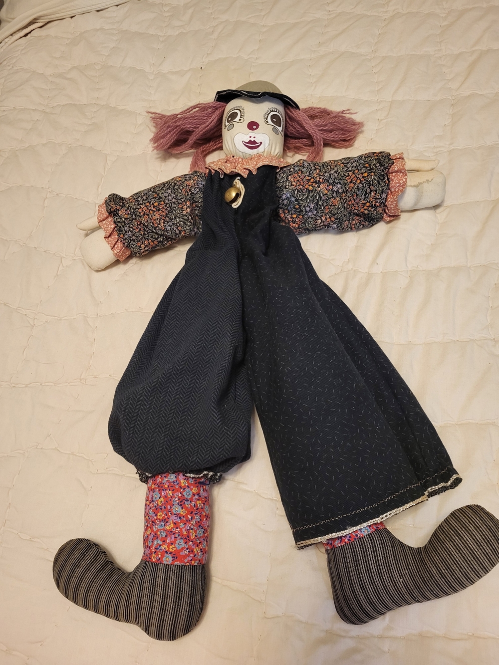 Vintage Handmade Clown Plush Rag Doll Adorable Happy Creepy 25”